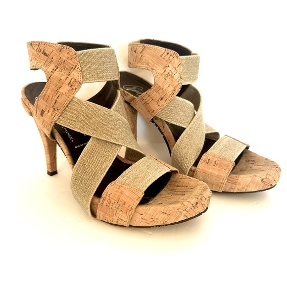 Donald J. Pliner Tan High-Heeled Cork Sandals with Elastic Straps Size 7.5 - Picture 1 of 12